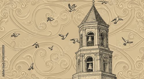 Ornate Bell Tower with Flying Birds and Decorative Swirls Illustration.