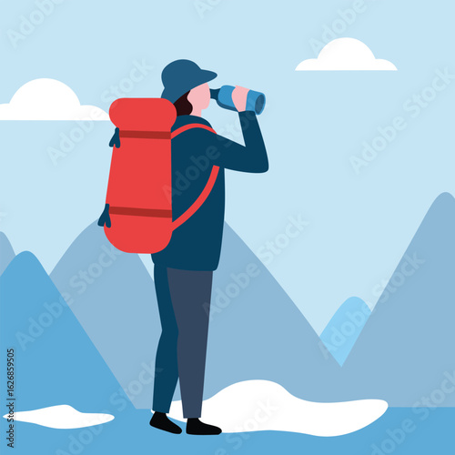 A hiker with a large red backpack drinks water on a snowy mountain trail silhouette