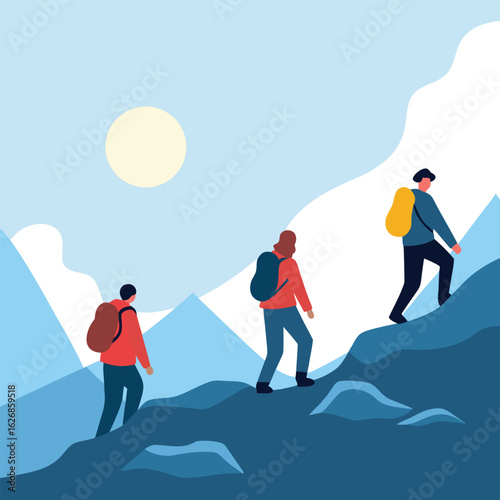 Three hikers ascend a snowy mountain trail under a bright sun in a stylized silhouette