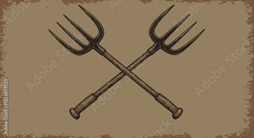 Crossed Pitchforks: Vintage Farming Tool Illustration on Textured Background.