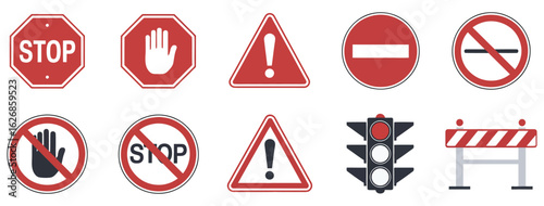 Essential traffic and safety signs for roads and construction zones, featuring stop signs, danger warnings, and road closed signals for efficient traffic management and safety awareness