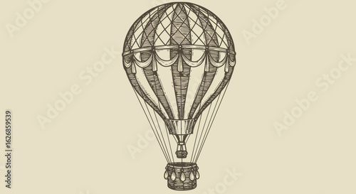 Vintage Hot Air Balloon Illustration with Basket and Intricate Details.