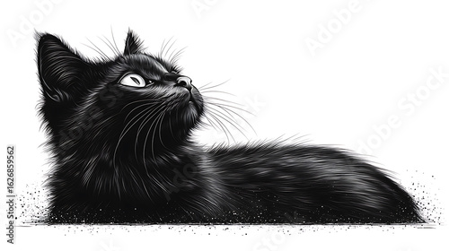 Pen and Ink Drawing of a Black Kitten Looking Upward