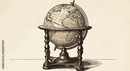 Vintage Globe Illustration with Detailed Cartography and Wooden Stand.