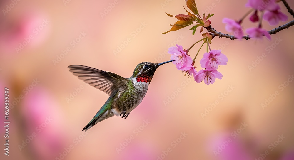 Fototapeta premium Ruby throated hummingbird feeding on pink blossoms
