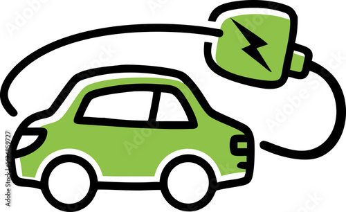 Green Energy Concept. Electric car charging illustration in green colors. Hand-drawn illustration icon