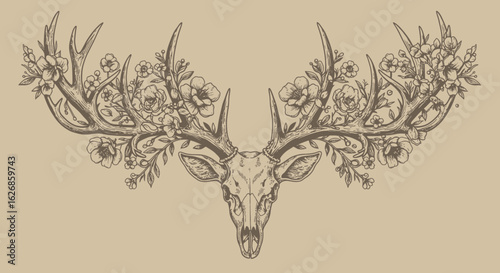 Floral Deer Skull with Antlers Illustration on Beige Background.