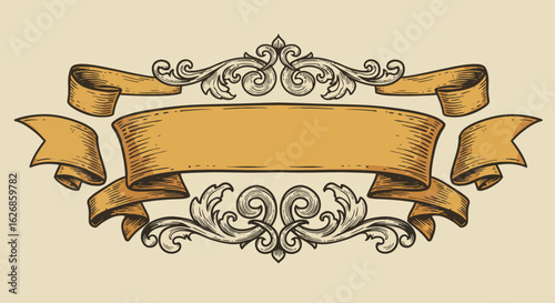 Ornate Banner with Floral Accents and Ribbon Details.