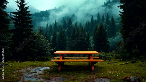 Peaceful Picnic in the Woods: Serene Mountain Landscape with Wooden Tables