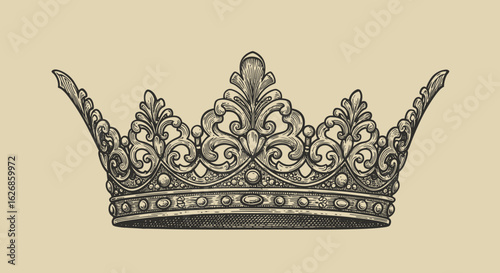 Ornate Engraved Crown with Floral and Scroll Details.