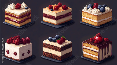 Six Delicious Cakes with Fresh Berries - Digital Painting of Sweet Treats