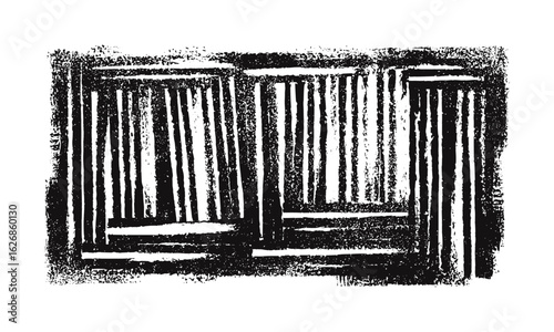 Relief printing linocut design with grungy layered rectangle texture. Black and white abstract geometric edges, paint roller ink remains on textured paper, vintage linocutting background