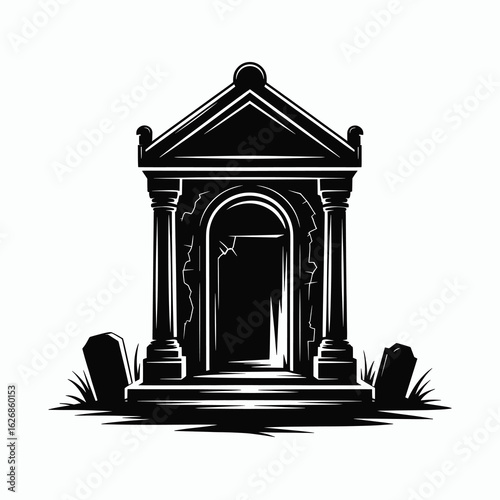 Silhouette of a classical mausoleum with tombstones and grass