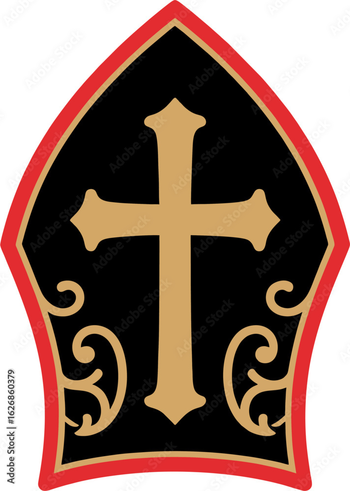 Fototapeta premium Minimalist Black and Gold Bishop Mitre Vector Illustration with Red Trim and Ornate Cross Design