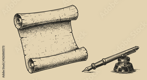 Antique Scroll and Quill Pen with Inkwell Illustration.