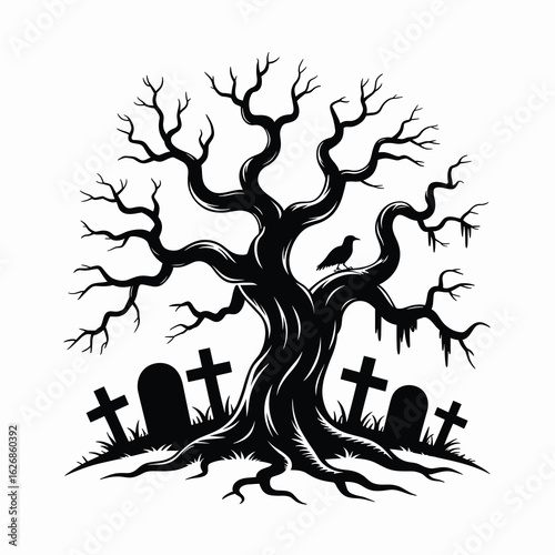 Silhouette of a Haunted Tree with Gravestones and a Crow