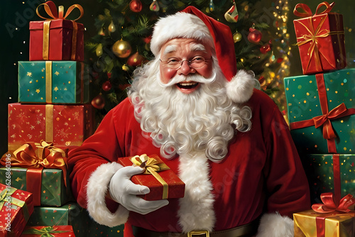 Wallpaper Mural Happy Santa Claus holding, giving presents, gift box with christmas tree on background, Christmas eve celebration, smiling Nicolas in traditional costume. New year greeting card, postcard, background. Torontodigital.ca