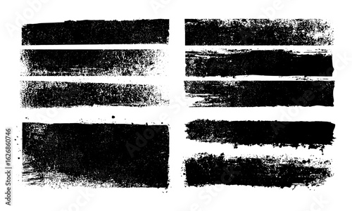 Artistic linocutting vector set with textured relief printing, layered rectangle backgrounds, rough paint roller stains, grungy geometric edges, lino ink imprints, abstract design elements