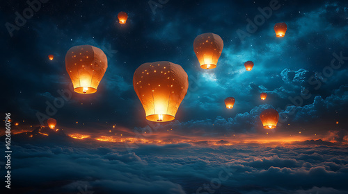 Magical Sky Lantern Night Dreamscape Above the Clouds