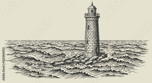 Detailed Lighthouse Sketch Amidst Rough Seas and Coastal Rocks.