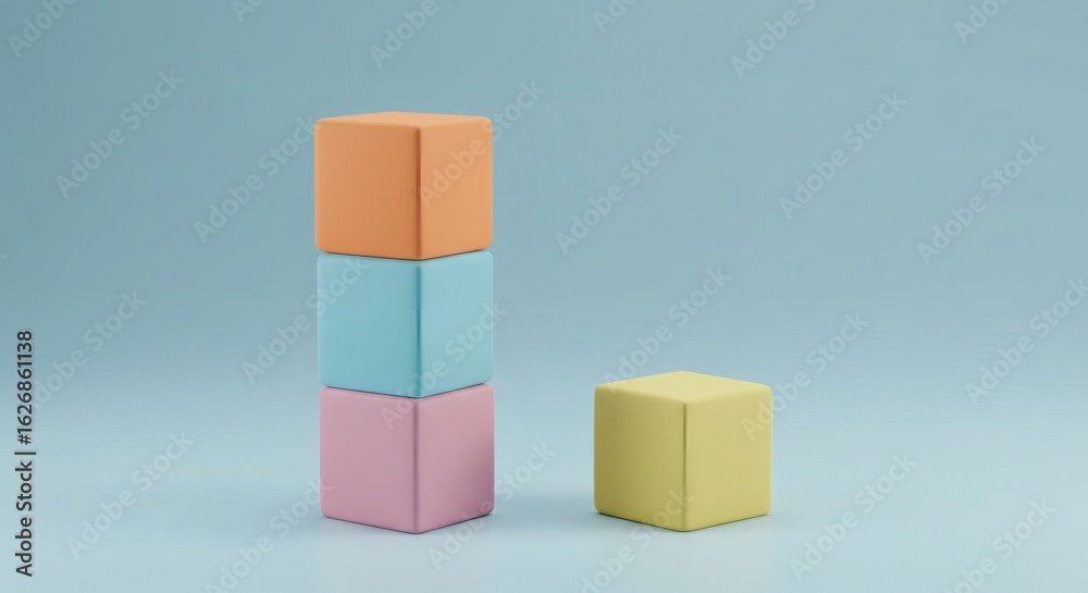 Obraz premium Stacked Cubes Composition: A minimalist composition featuring three vibrant, stacked cubes in a tower, next to a standalone cube on a soft pastel background, embodying balance and design.