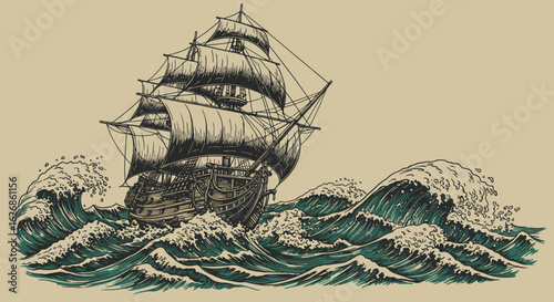 Vintage Ship Navigating Rough Seas with Tall Waves Illustration.