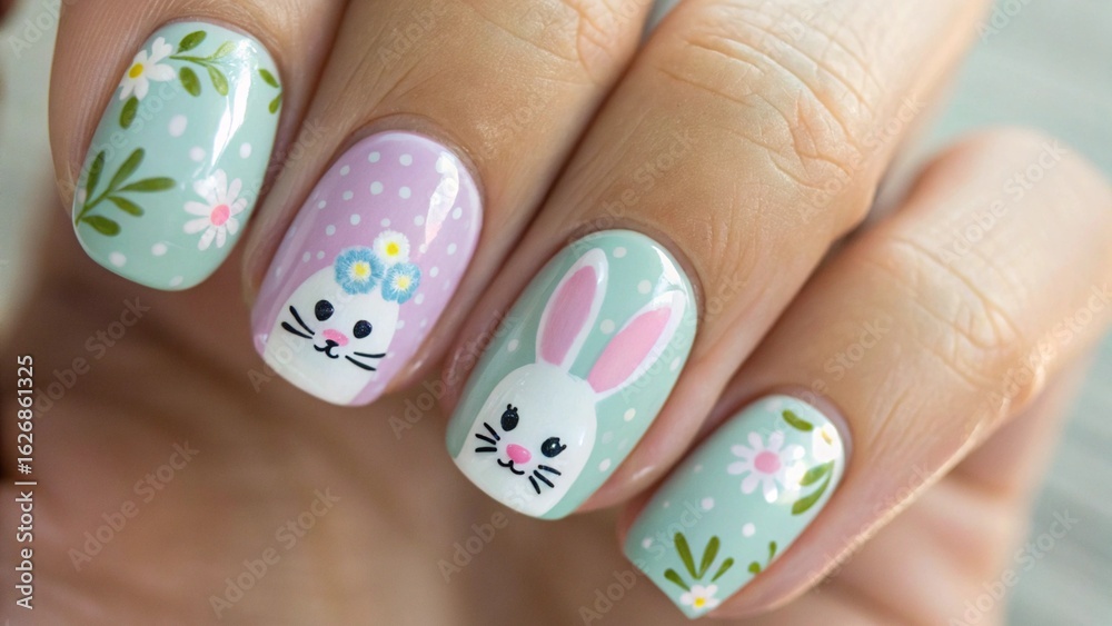 Close Up of Easter Nail Art in Pastel Colors with Bunny and Egg Motifs for Joyful Springtime Vibes Close Up of Easter Nail Art in Pastel Colors with Bunny and Egg Motifs for Joyful Springtime Vibes