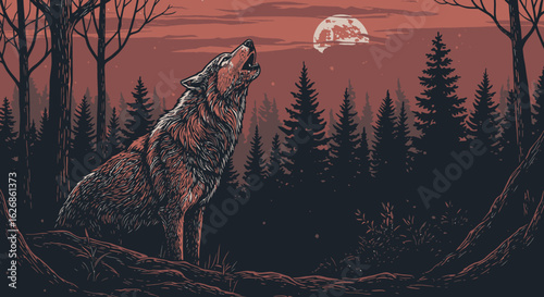 Howling Wolf in Forest Under Full Moon Illustration.