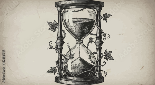 Engraved Hourglass with Vines and Sand Flowing Through Time.