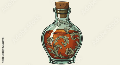 Ornate Glass Potion Bottle with Cork Stopper and Floral Design.