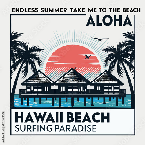 Tropical beachfront bungalows under a vibrant sunset with palm trees and ocean waves silhouette