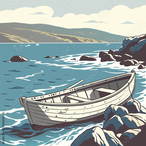 A lone rowboat rests on a rocky shore with gentle waves lapping against its hull silhouette