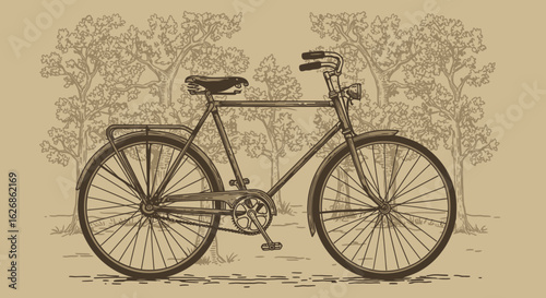 Vintage Bicycle Illustration with Classic Design and Detailed Spokes Set Against a Forest Backdrop.