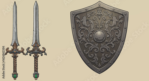 Two Swords and a Shield with Intricate Designs Fantasy Weaponry.