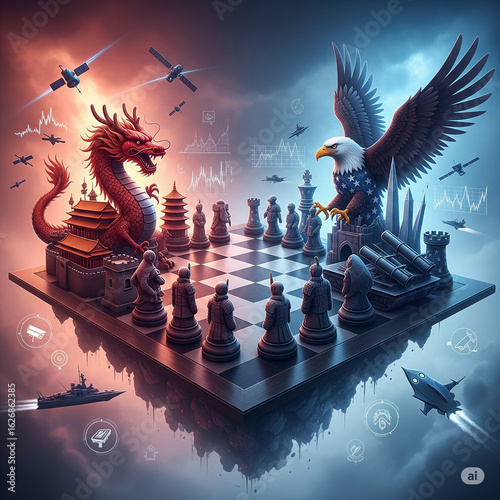 Strategic chess game between China and USA, symbolizing cold war, trade war, economic conflict, global power struggle, digital painting, conceptual illustration for editorial use
