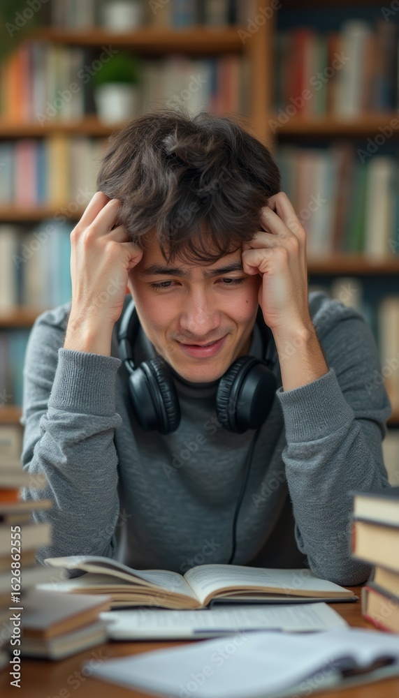 Young man studying with headphones, looking stressed Young man studying with headphones, looking stressed