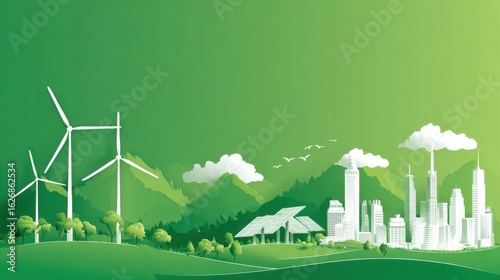 Wind turbines and solar panels illustrate the transition to renewable energy surrounded by mountains and a modern city. The vibrant green landscape represents sustainability and growth.