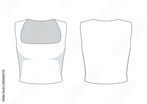 Vector fashion technical drawing of a sleeveless square neck crop top with front and back view. Cotton spandex fabric.
