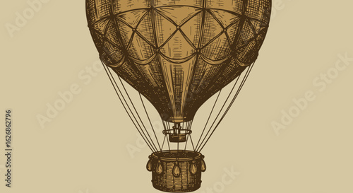 Vintage Hot Air Balloon Illustration with Intricate Details and Basket.