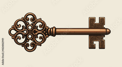 Ornate Bronze Key with Intricate Swirls and Detailed Design.