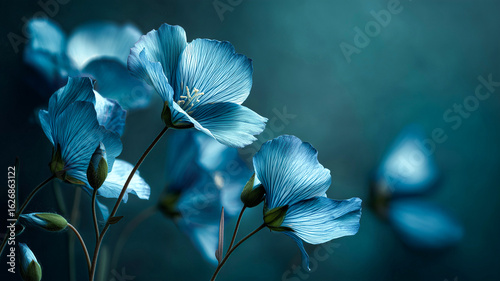 Elegant Abstract Flora With Blue Luminescent Petals in Digital Real Photo Style Against Deep Teal Toned Background Display