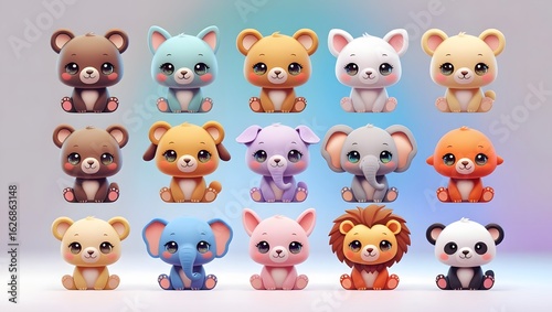 Adorable Animal Array: An endearing assortment of cute animal characters, featuring diverse species in charming and colorful renderings. Perfect for sparking joy and playful visual narratives.