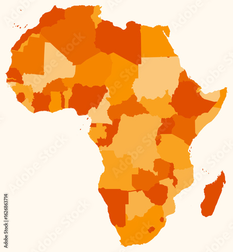 Map of Africa with countries. Just a simple continent border map with country division. Orange color palette. Blank Africa shape with administrative division. Vector illustration.