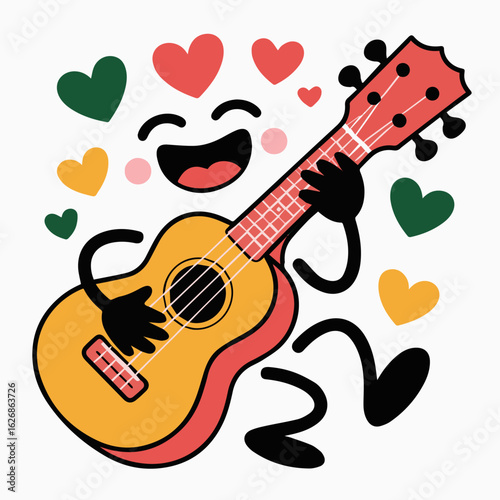 Cheerful ukulele character playing music surrounded by hearts, isolated on white background, adding a touch of fun and love to any design with its cute and playful charm