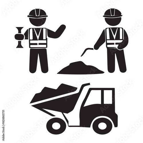 Vector art of construction workers with heavy machinery and tools isolated on white background