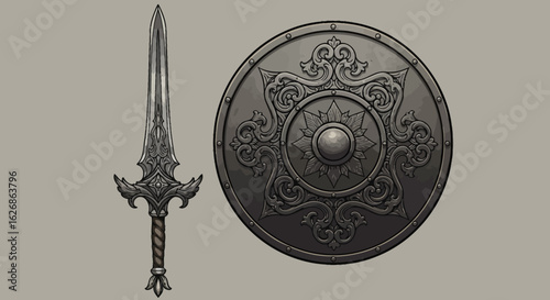 Ornate Sword and Shield Set with Intricate Designs.