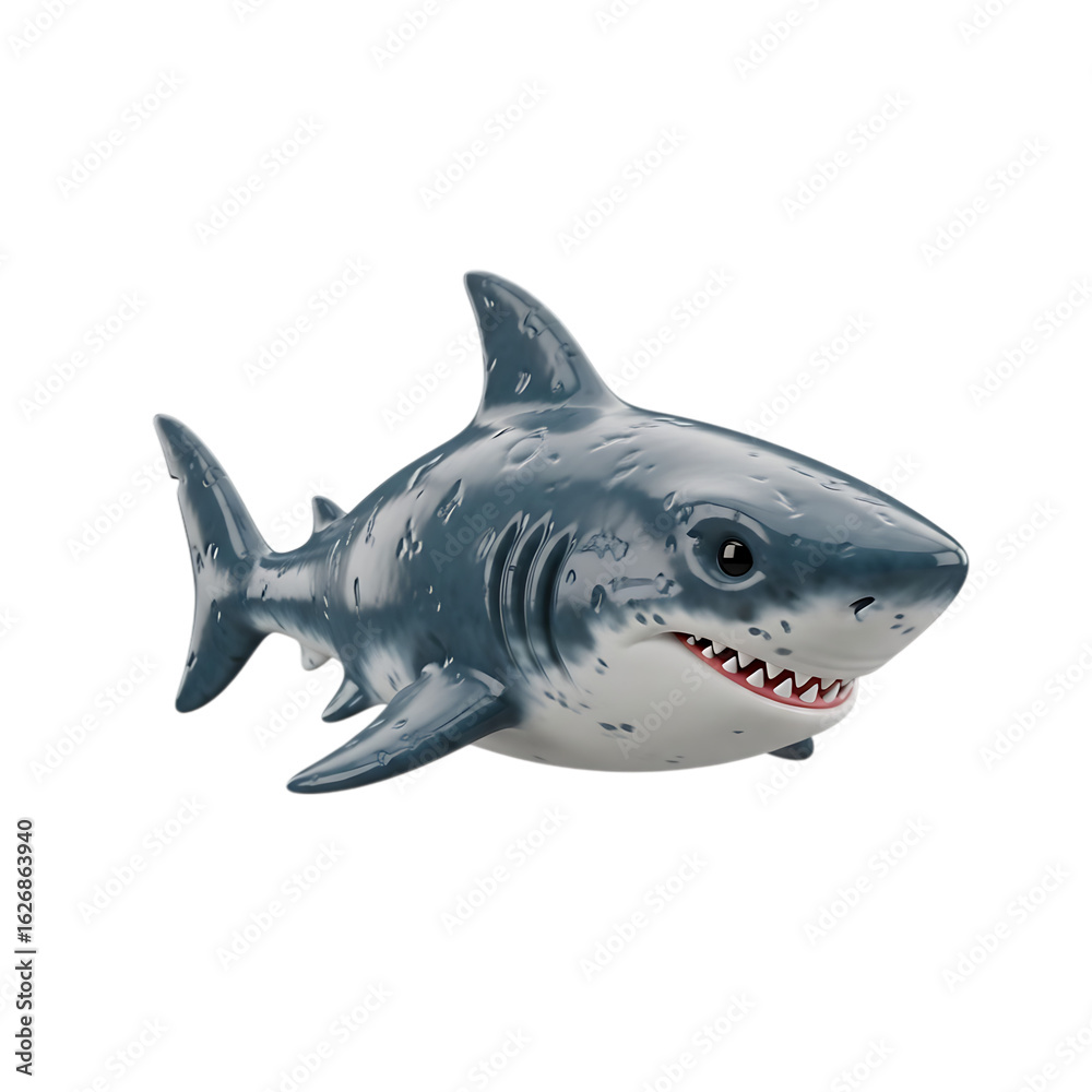 Fototapeta premium A fearsome great white shark, a powerful ocean predator with sharp teeth and fins, isolated on a transparent background 3d rendered, stylized, glossy, bright