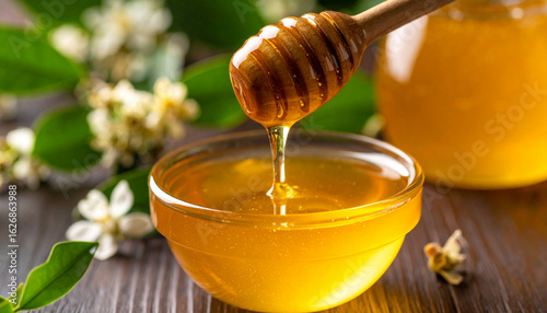 Manuka honey dripping slowly from a wooden dipper, rich golden color