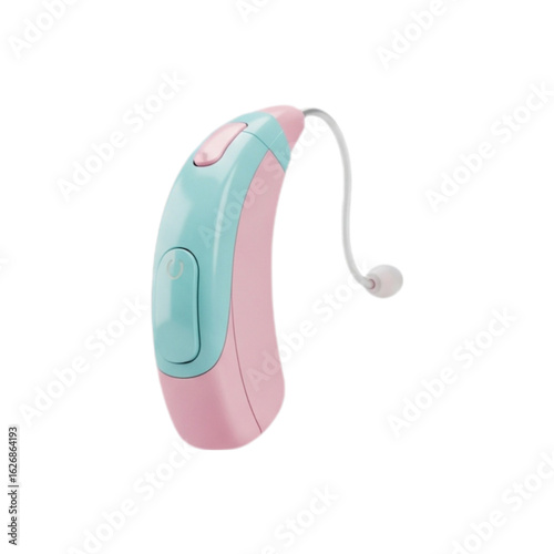 Modern pink and turquoise behind the ear hearing aid with white wire