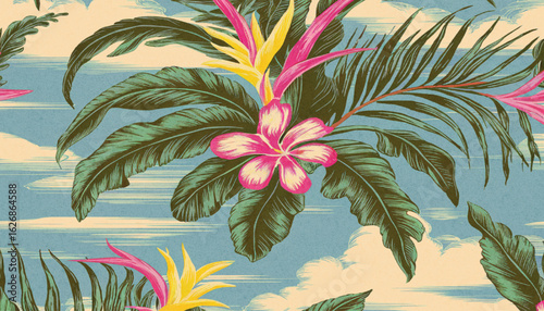Tropical seamless pattern with hand drawn palm trees. Hawaiian florals summer background for fabric, textiles, clothing, cover, decoration, banner